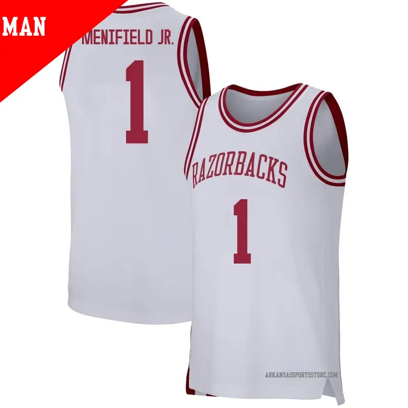 Men's #1 Keyon Menifield Jr. Arkansas Razorbacks Replica White Basketball Jersey Men's #1 Keyon Menifield Jr. Arkansas Razorbacks Replica White Basketball Jersey