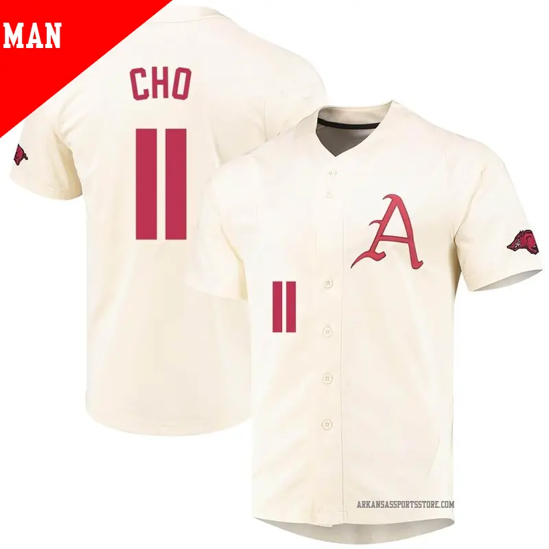 Men's ＃11 Jaewoo Cho Arkansas Razorbacks Replica Cream Vapor Untouchable Full-Button Baseball Jersey