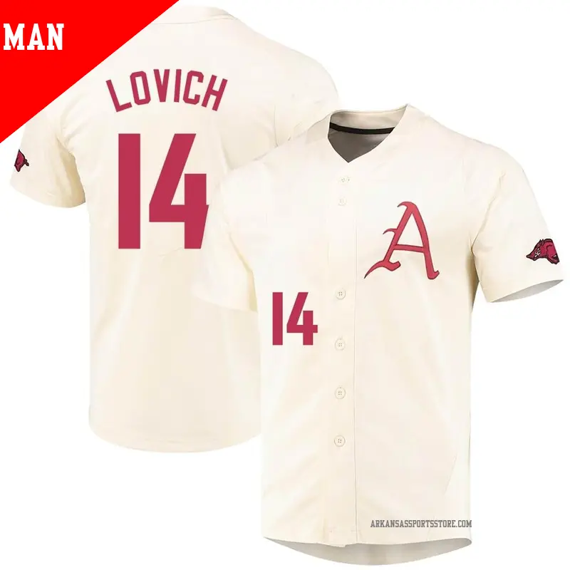 Men's #14 Ross Lovich Arkansas Razorbacks Replica Cream Vapor Untouchable Full-Button Baseball Jersey Men's #14 Ross Lovich Arkansas Razorbacks Replica Cream Vapor Untouchable Full-Button Baseball Jersey