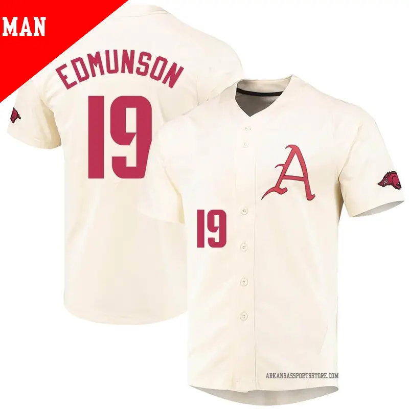 Men's #19 Will Edmunson Arkansas Razorbacks Replica Cream Vapor Untouchable Full-Button Baseball Jersey Men's #19 Will Edmunson Arkansas Razorbacks Replica Cream Vapor Untouchable Full-Button Baseball Jersey