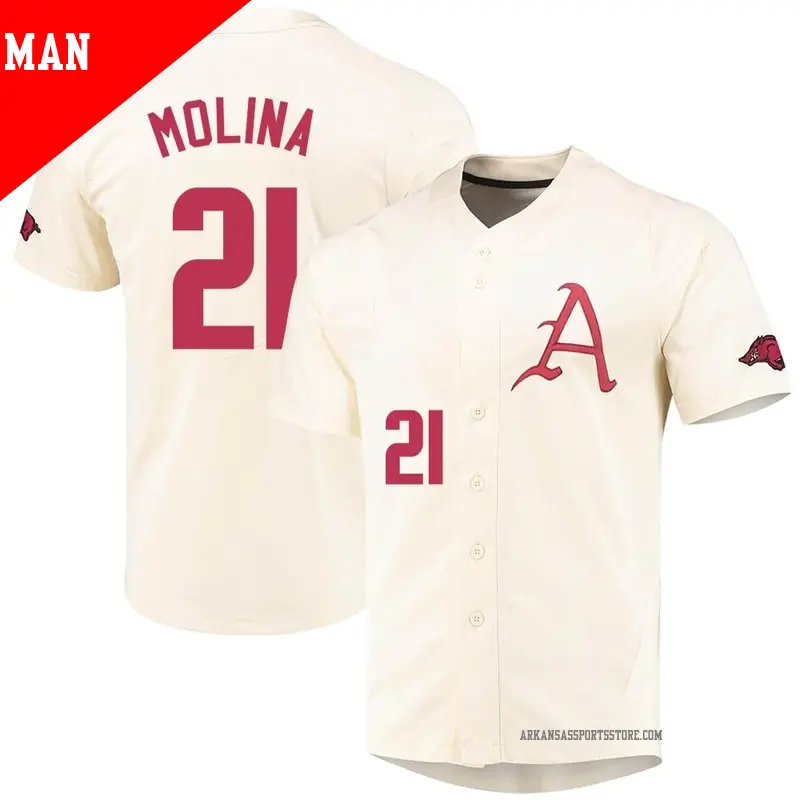Men's #21 Mason Molina Arkansas Razorbacks Replica Cream Vapor Untouchable Full-Button Baseball Jersey Men's #21 Mason Molina Arkansas Razorbacks Replica Cream Vapor Untouchable Full-Button Baseball Jersey