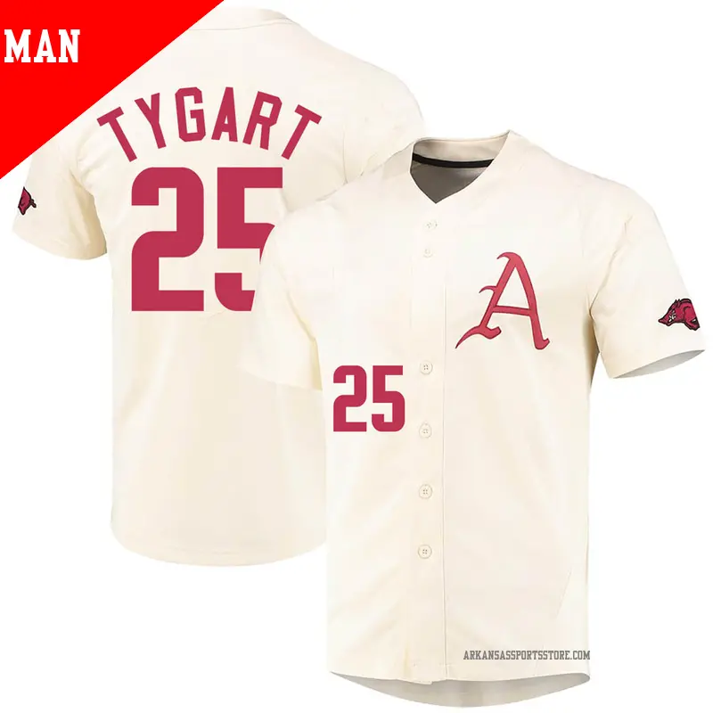 Men's #25 Brady Tygart Arkansas Razorbacks Replica Cream Vapor Untouchable Full-Button Baseball Jersey Men's #25 Brady Tygart Arkansas Razorbacks Replica Cream Vapor Untouchable Full-Button Baseball Jersey