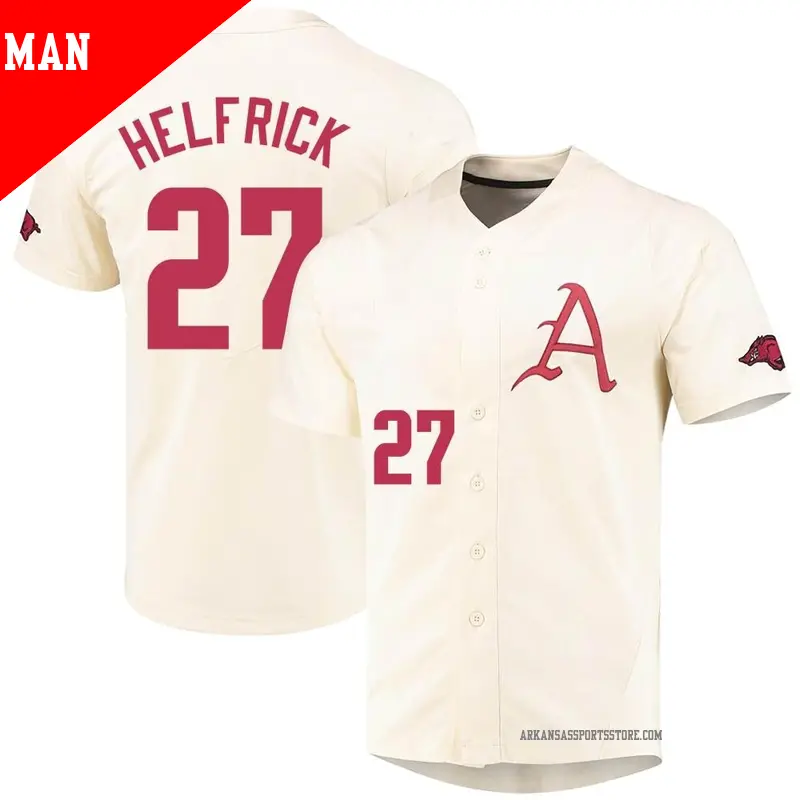 Men's ＃27 Ryder Helfrick Arkansas Razorbacks Replica Cream Vapor Untouchable Full-Button Baseball Jersey