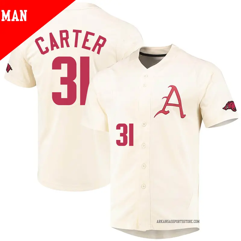Men's #31 Dylan Carter Arkansas Razorbacks Replica Cream Vapor Untouchable Full-Button Baseball Jersey Men's #31 Dylan Carter Arkansas Razorbacks Replica Cream Vapor Untouchable Full-Button Baseball Jersey