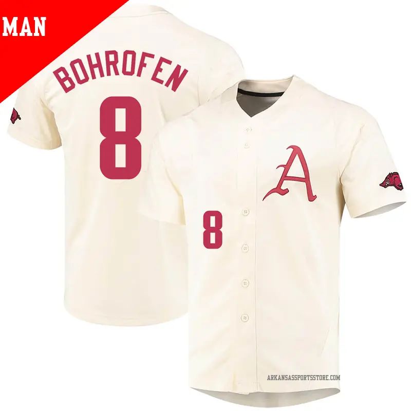 Men's #8 Jace Bohrofen Arkansas Razorbacks Replica Cream Vapor Untouchable Full-Button Baseball Jersey Men's #8 Jace Bohrofen Arkansas Razorbacks Replica Cream Vapor Untouchable Full-Button Baseball Jersey