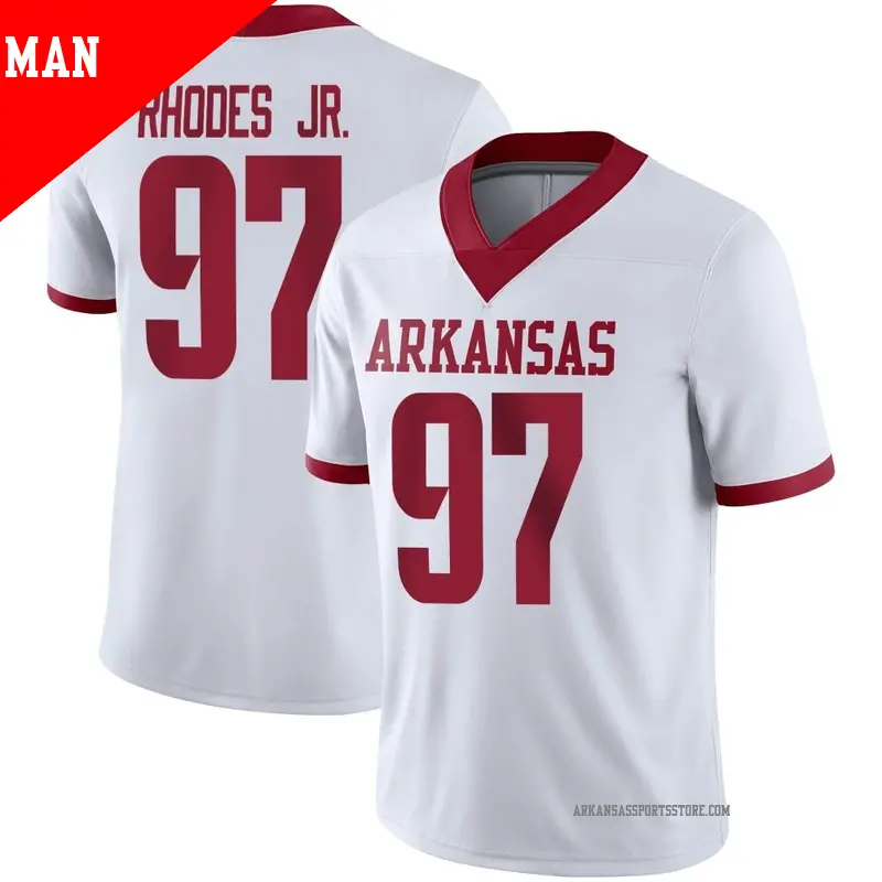 Men's #97 Quincy Rhodes Jr. Arkansas Razorbacks Game White Alternate Football Jersey Men's #97 Quincy Rhodes Jr. Arkansas Razorbacks Game White Alternate Football Jersey