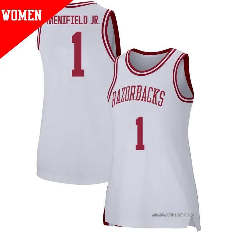 Women's #1 Keyon Menifield Jr. Arkansas Razorbacks Replica White Basketball Jersey Women's #1 Keyon Menifield Jr. Arkansas Razorbacks Replica White Basketball Jersey