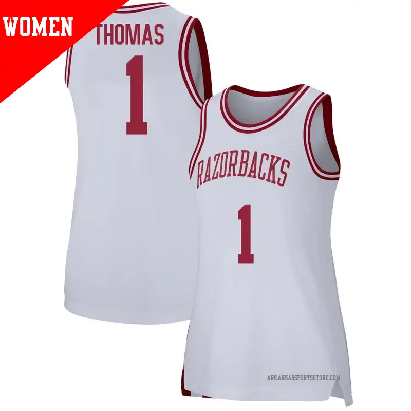 Women's ＃1 Meleek Thomas Arkansas Razorbacks Replica White Basketball Jersey