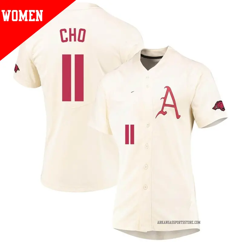 Women's ＃11 Jaewoo Cho Arkansas Razorbacks Replica Cream Vapor Untouchable Full-Button Baseball Jersey