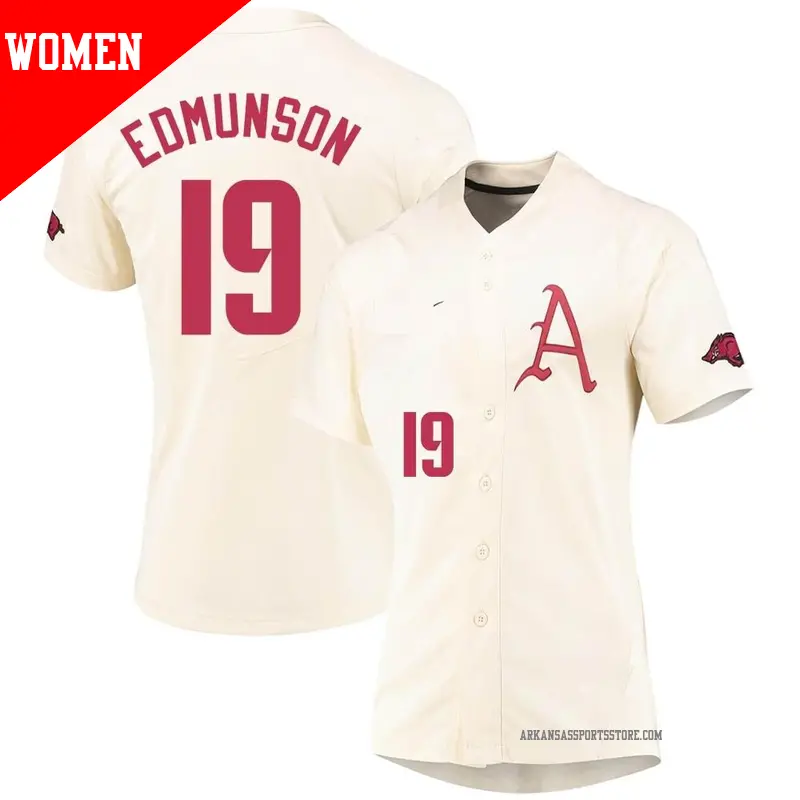 Women's #19 Will Edmunson Arkansas Razorbacks Replica Cream Vapor Untouchable Full-Button Baseball Jersey Women's #19 Will Edmunson Arkansas Razorbacks Replica Cream Vapor Untouchable Full-Button Baseball Jersey