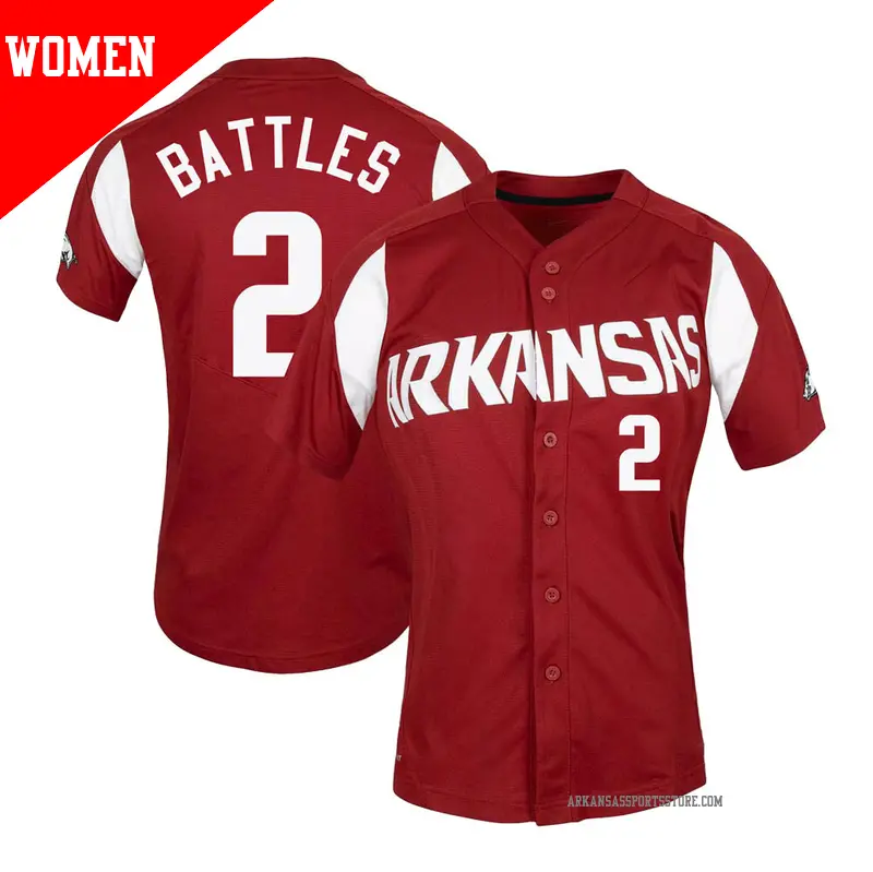 Women's #2 Jalen Battles Arkansas Razorbacks Replica Cardinal Vapor Untouchable Full-Button Baseball Jersey Women's #2 Jalen Battles Arkansas Razorbacks Replica Cardinal Vapor Untouchable Full-Button Baseball Jersey