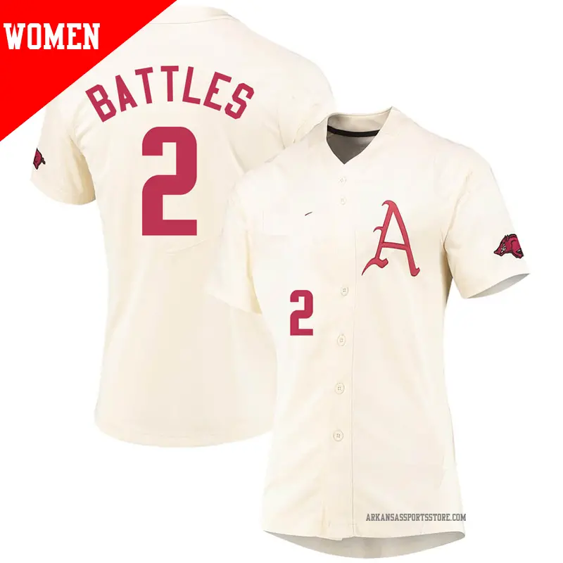 Women's #2 Jalen Battles Arkansas Razorbacks Replica Cream Vapor Untouchable Full-Button Baseball Jersey Women's #2 Jalen Battles Arkansas Razorbacks Replica Cream Vapor Untouchable Full-Button Baseball Jersey