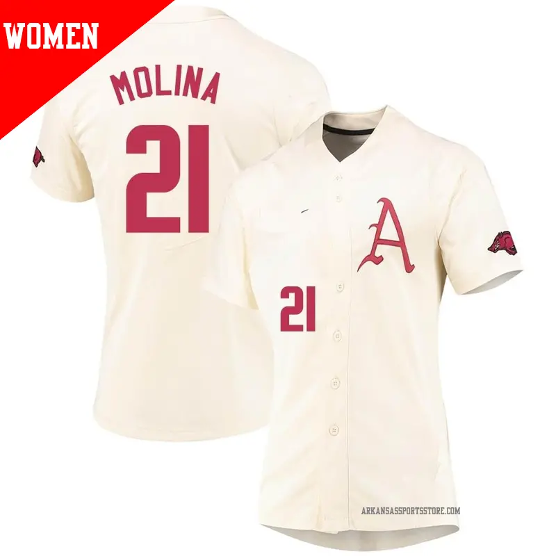 Women's #21 Mason Molina Arkansas Razorbacks Replica Cream Vapor Untouchable Full-Button Baseball Jersey Women's #21 Mason Molina Arkansas Razorbacks Replica Cream Vapor Untouchable Full-Button Baseball Jersey