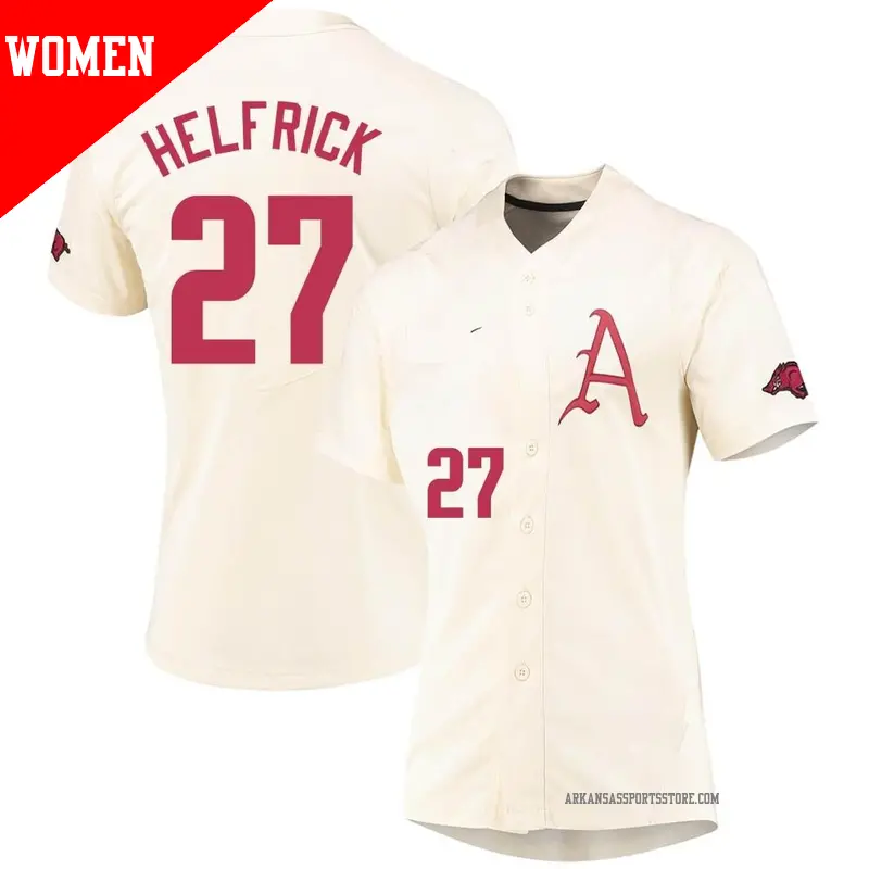 Women's ＃27 Ryder Helfrick Arkansas Razorbacks Replica Cream Vapor Untouchable Full-Button Baseball Jersey