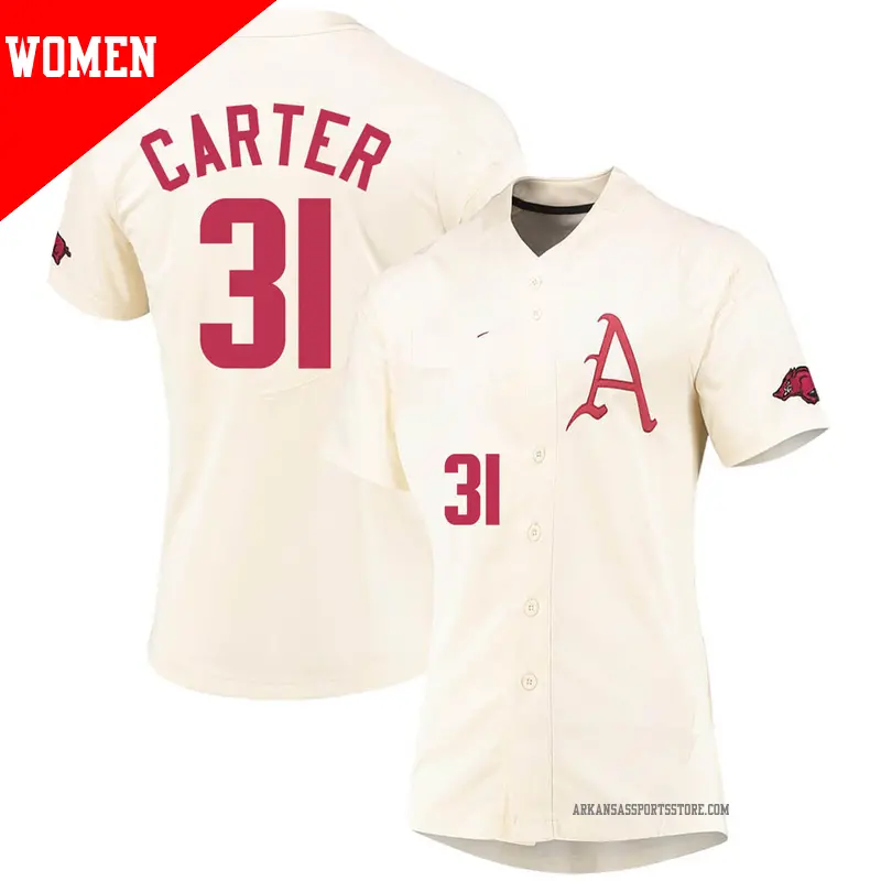 Women's #31 Dylan Carter Arkansas Razorbacks Replica Cream Vapor Untouchable Full-Button Baseball Jersey Women's #31 Dylan Carter Arkansas Razorbacks Replica Cream Vapor Untouchable Full-Button Baseball Jersey