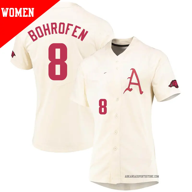 Women's #8 Jace Bohrofen Arkansas Razorbacks Replica Cream Vapor Untouchable Full-Button Baseball Jersey Women's #8 Jace Bohrofen Arkansas Razorbacks Replica Cream Vapor Untouchable Full-Button Baseball Jersey