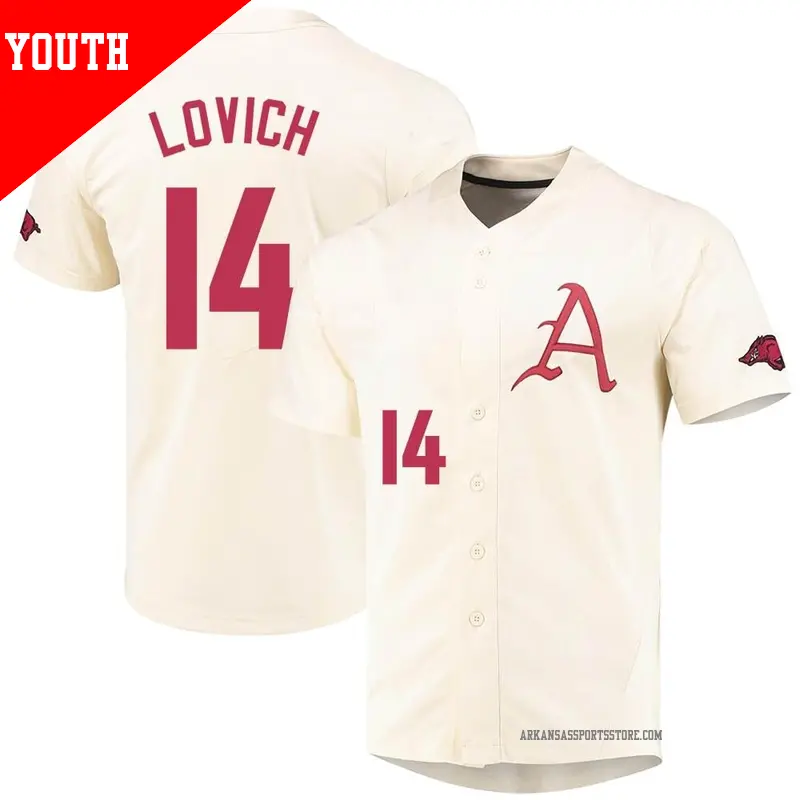 Youth #14 Ross Lovich Arkansas Razorbacks Replica Cream Vapor Untouchable Full-Button Baseball Jersey Youth #14 Ross Lovich Arkansas Razorbacks Replica Cream Vapor Untouchable Full-Button Baseball Jersey