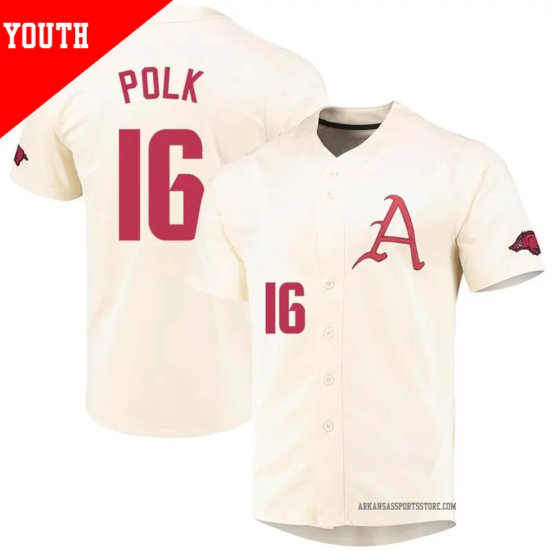 Youth ＃16 Hudson Polk Arkansas Razorbacks Replica Cream Vapor Untouchable Full-Button Baseball Jersey
