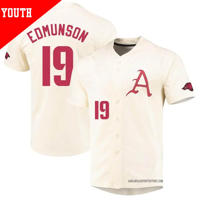 Youth #19 Will Edmunson Arkansas Razorbacks Replica Cream Vapor Untouchable Full-Button Baseball Jersey Youth #19 Will Edmunson Arkansas Razorbacks Replica Cream Vapor Untouchable Full-Button Baseball Jersey