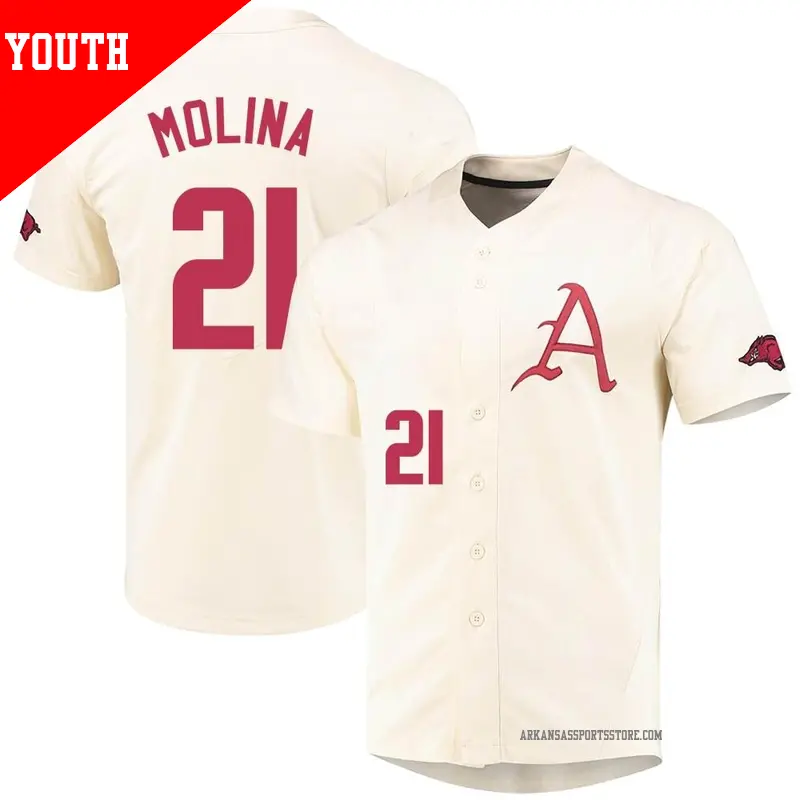 Youth #21 Mason Molina Arkansas Razorbacks Replica Cream Vapor Untouchable Full-Button Baseball Jersey Youth #21 Mason Molina Arkansas Razorbacks Replica Cream Vapor Untouchable Full-Button Baseball Jersey