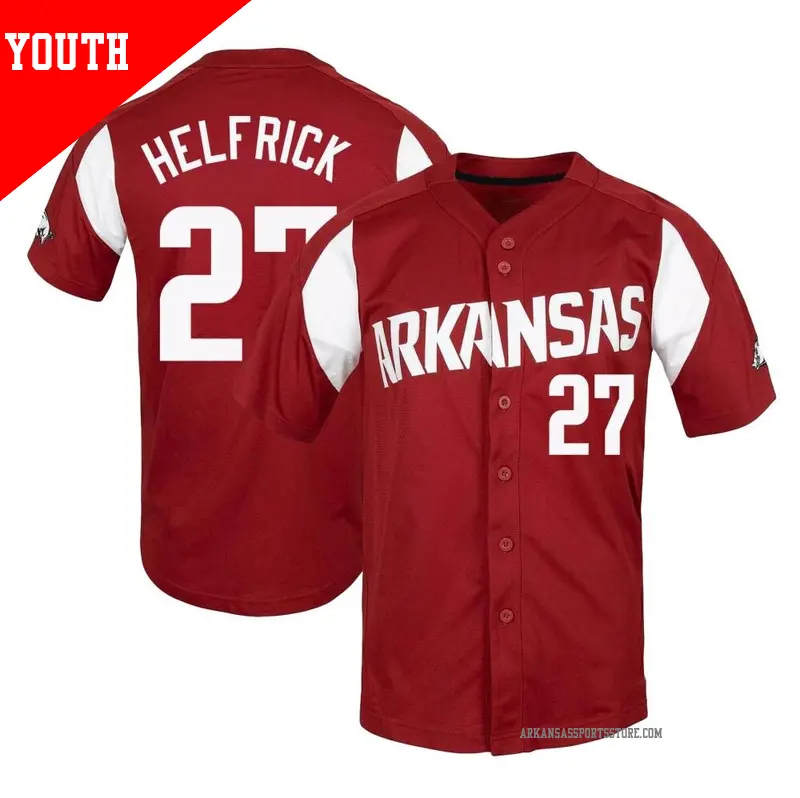 Youth ＃27 Ryder Helfrick Arkansas Razorbacks Replica Cardinal Vapor Untouchable Full-Button Baseball Jersey