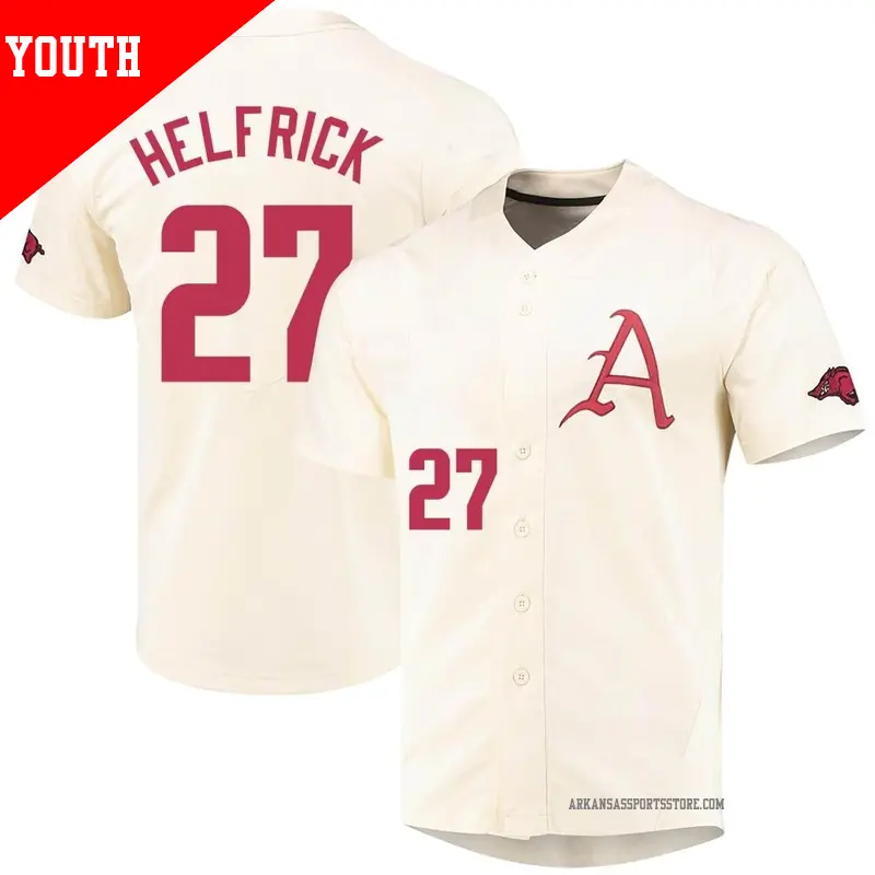 Youth ＃27 Ryder Helfrick Arkansas Razorbacks Replica Cream Vapor Untouchable Full-Button Baseball Jersey