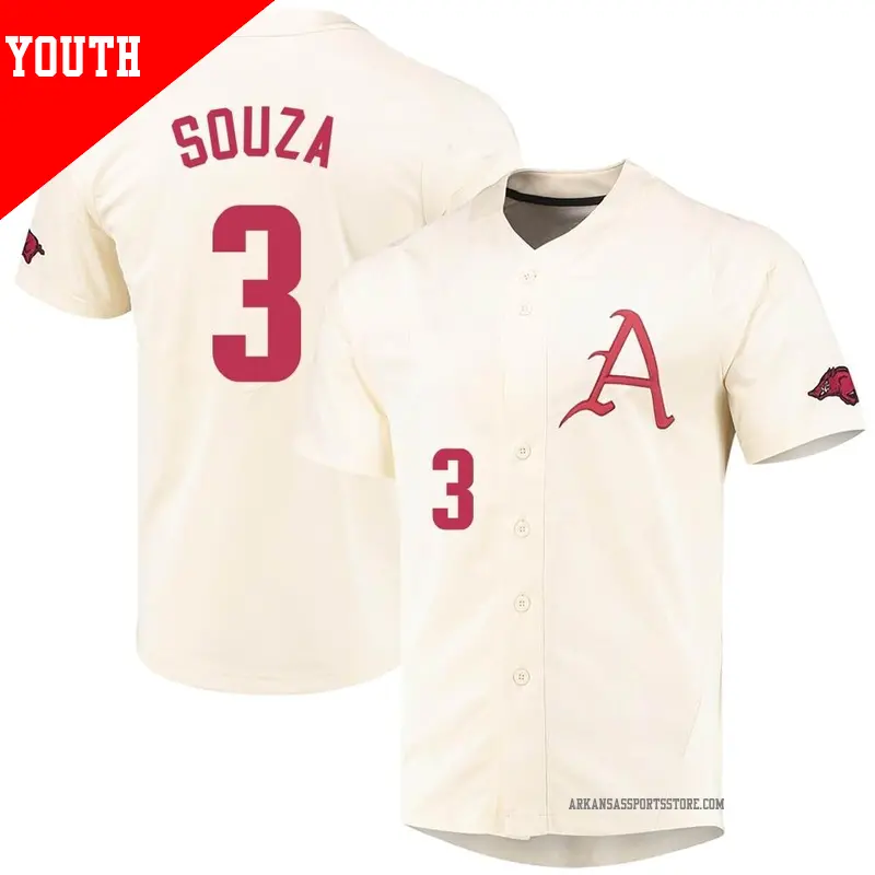 Youth #3 Nolan Souza Arkansas Razorbacks Replica Cream Vapor Untouchable Full-Button Baseball Jersey Youth #3 Nolan Souza Arkansas Razorbacks Replica Cream Vapor Untouchable Full-Button Baseball Jersey