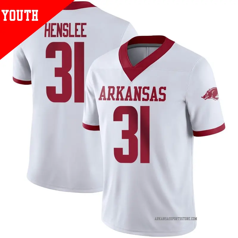Youth #31 Spencer Henslee Arkansas Razorbacks Game White Alternate Football Jersey Youth #31 Spencer Henslee Arkansas Razorbacks Game White Alternate Football Jersey